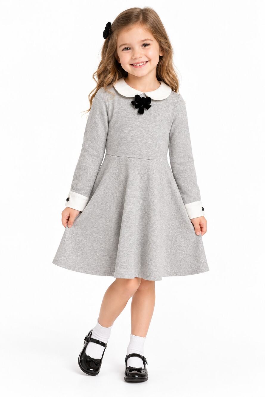 Hope & Henry Dress Girls 5 Gray Peter Pan Collar Flower Fit Flare Long Sleeve
